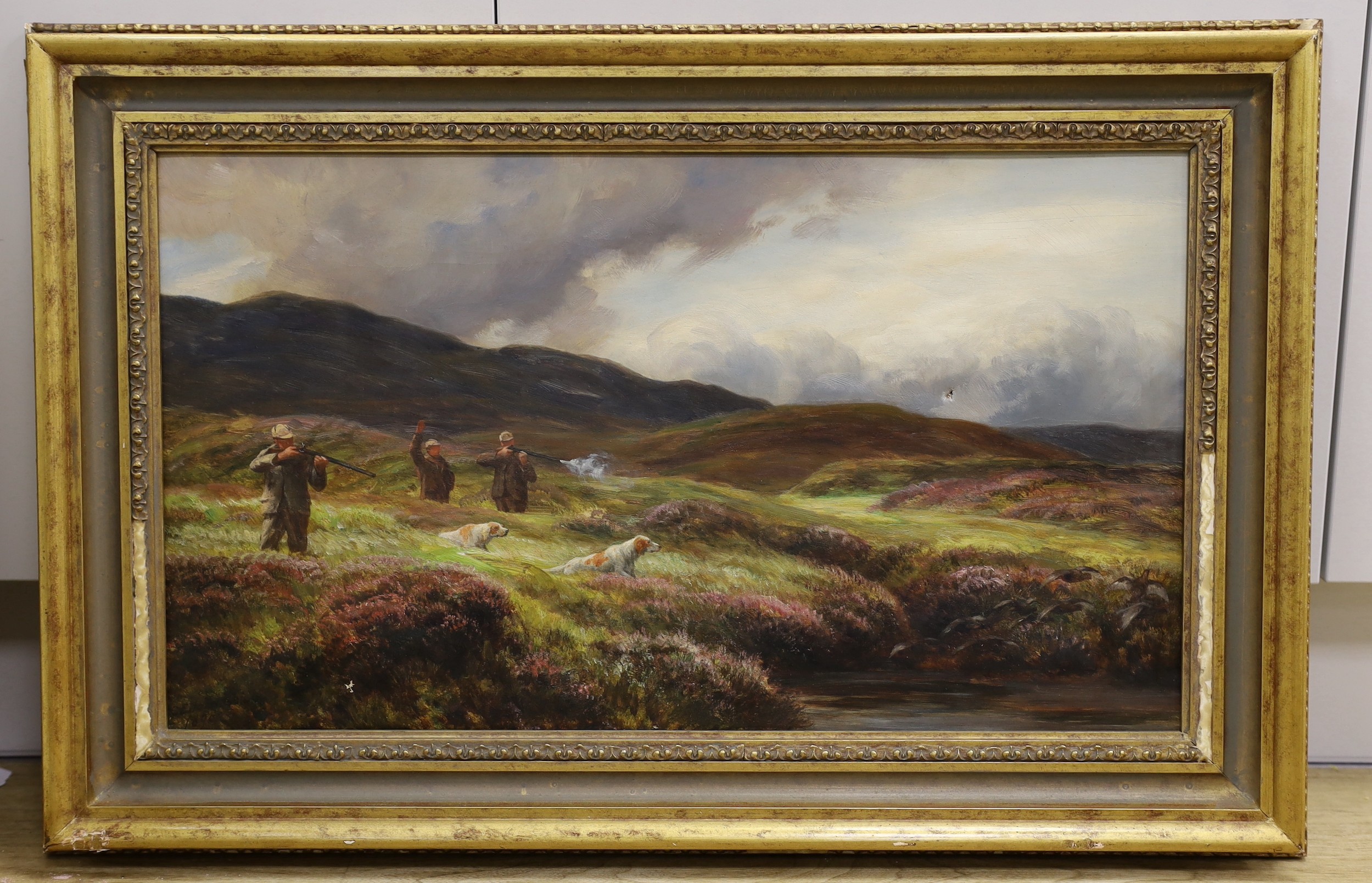C.E. Johnson (19th C.), oil on canvas, ‘Shooting in the Highlands’, signed and dated 1890, 34 x 60cm